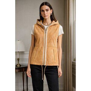 YOGO by Goes Goat Suede Hooded Vest Tan Leather Sleeveless Jacket Size 40